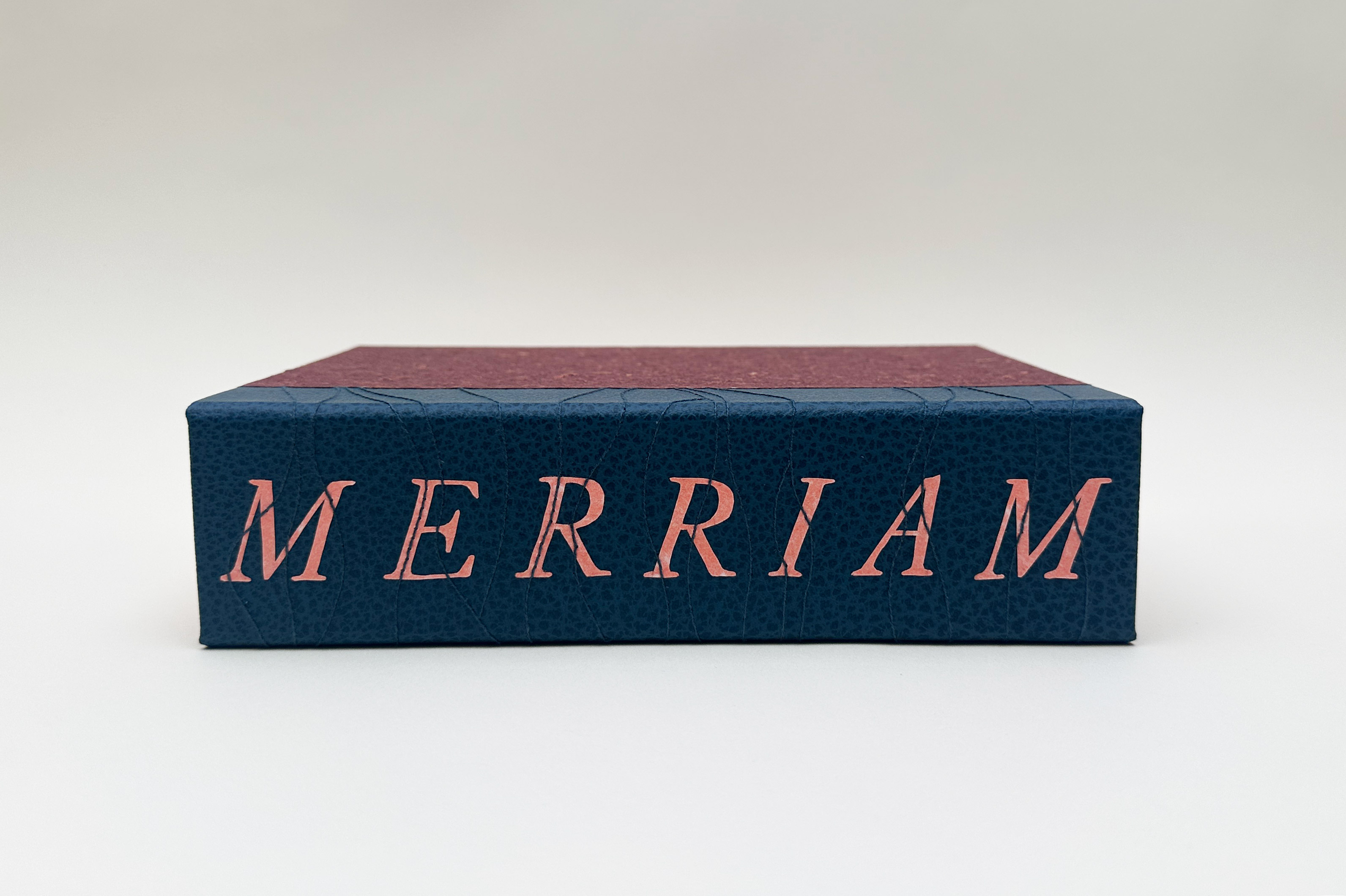Spine of clamshell box for Birds of Village and Field binding on a white table.