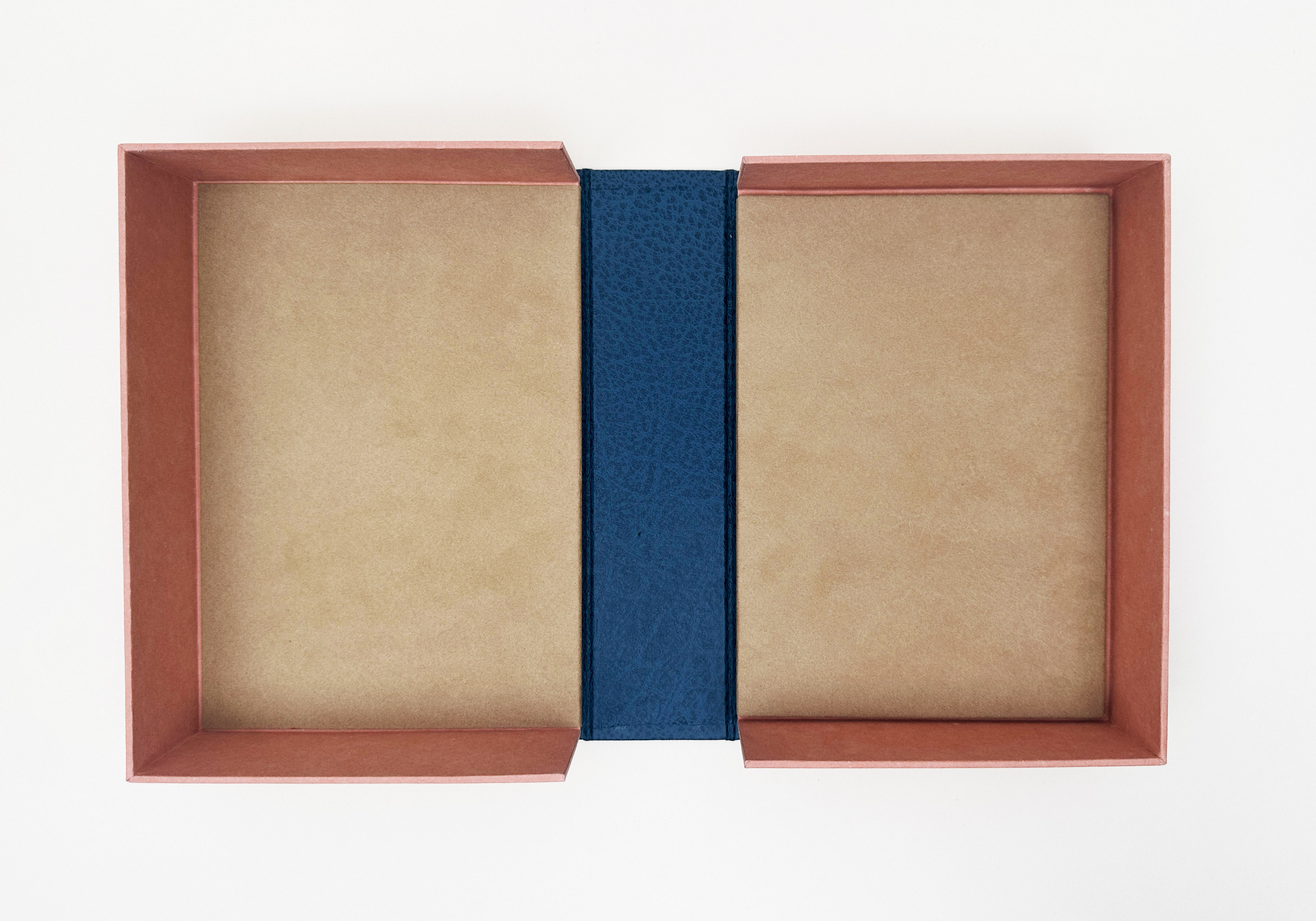 Interior view of clamshell box for Birds of Village and Field binding on a white table.