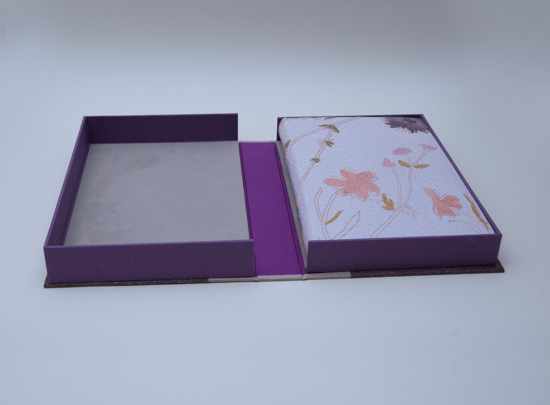 Box interior of Craft of the Dyer binding on a white table.