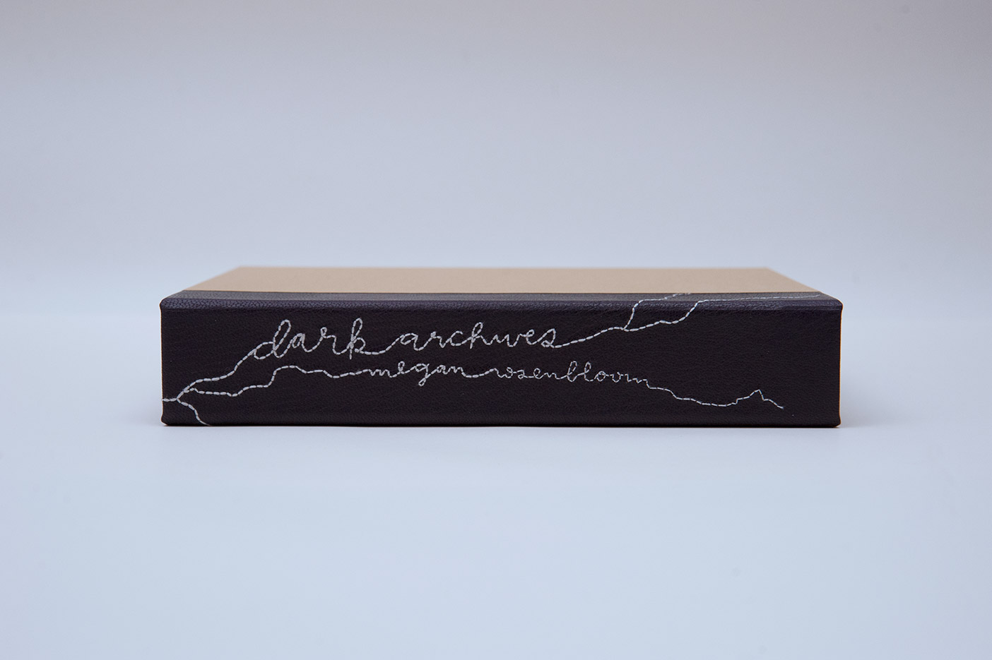 Box spine of Dark Archives binding on a white table.