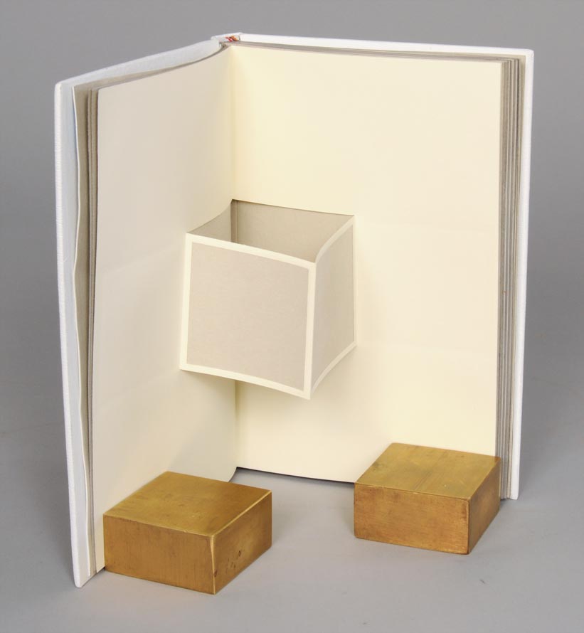 Interior of Flatland: A Romance of Many Dimensions binding on a white table.
