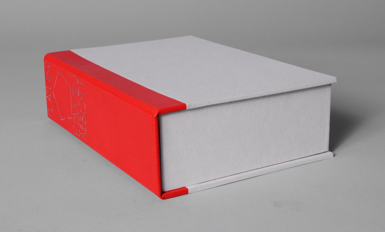 Box edge of Flatland: A Romance of Many Dimensions binding on a white table.