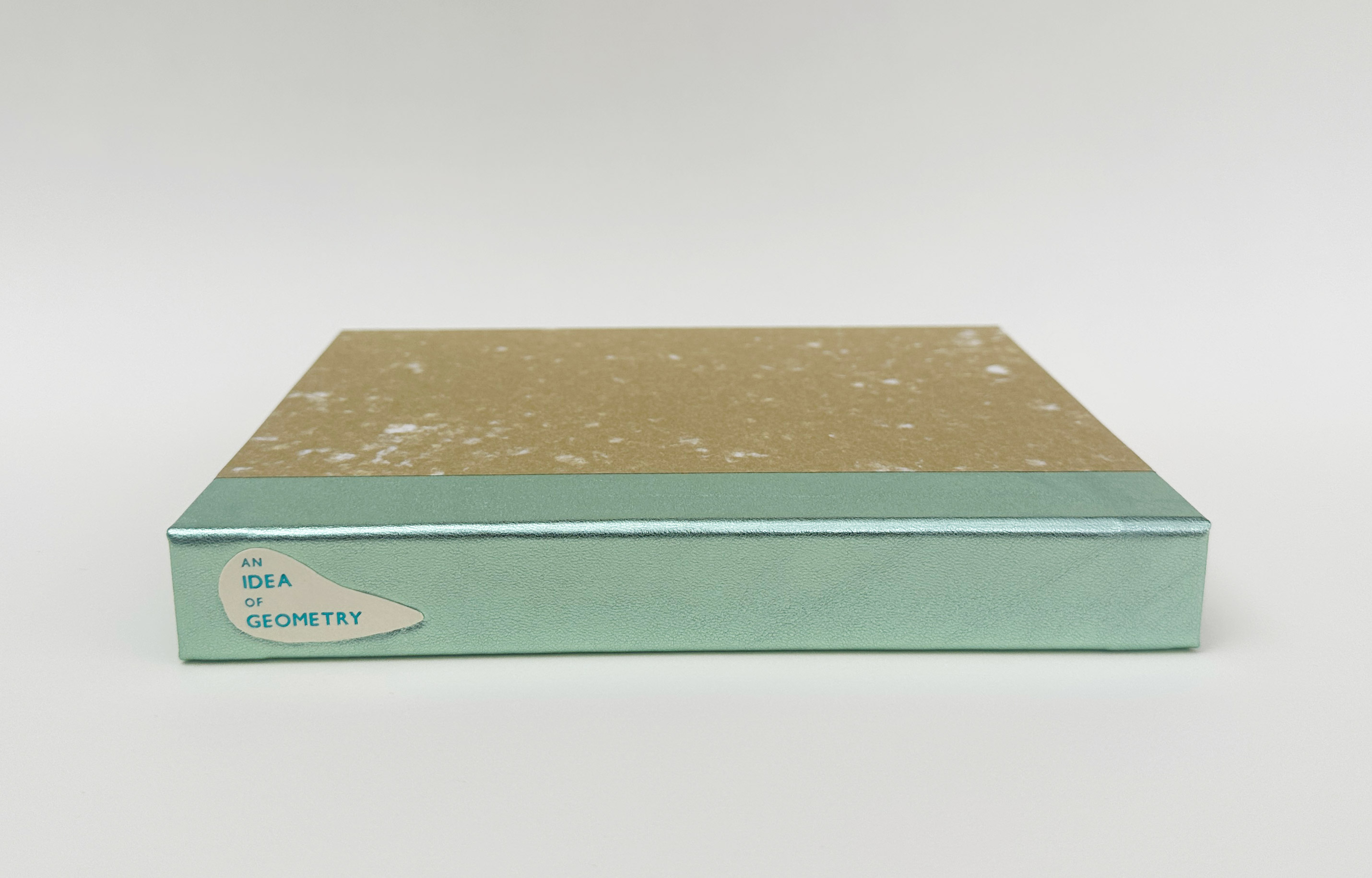 Box spine of An Idea of Geometry binding on a white table.