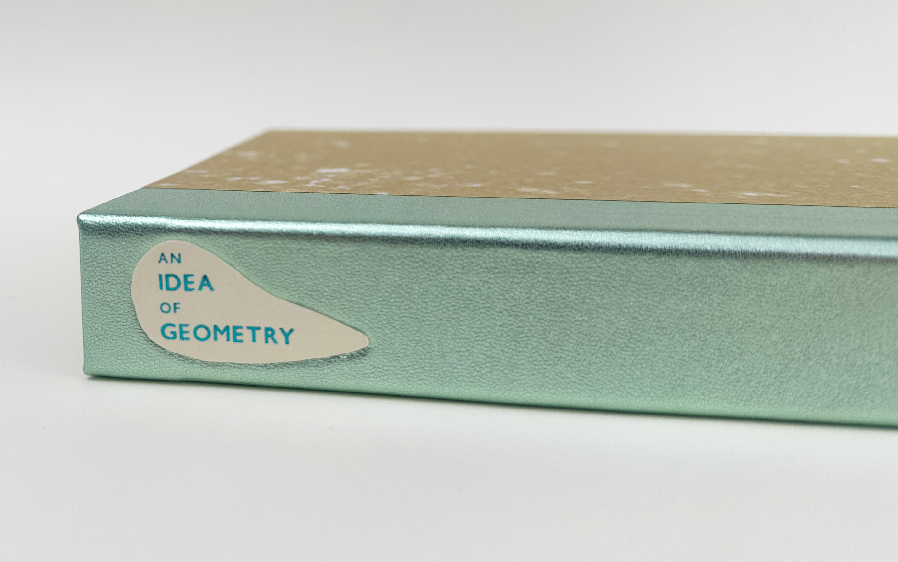 Detail of box spine of An Idea of Geometry binding on a white table.