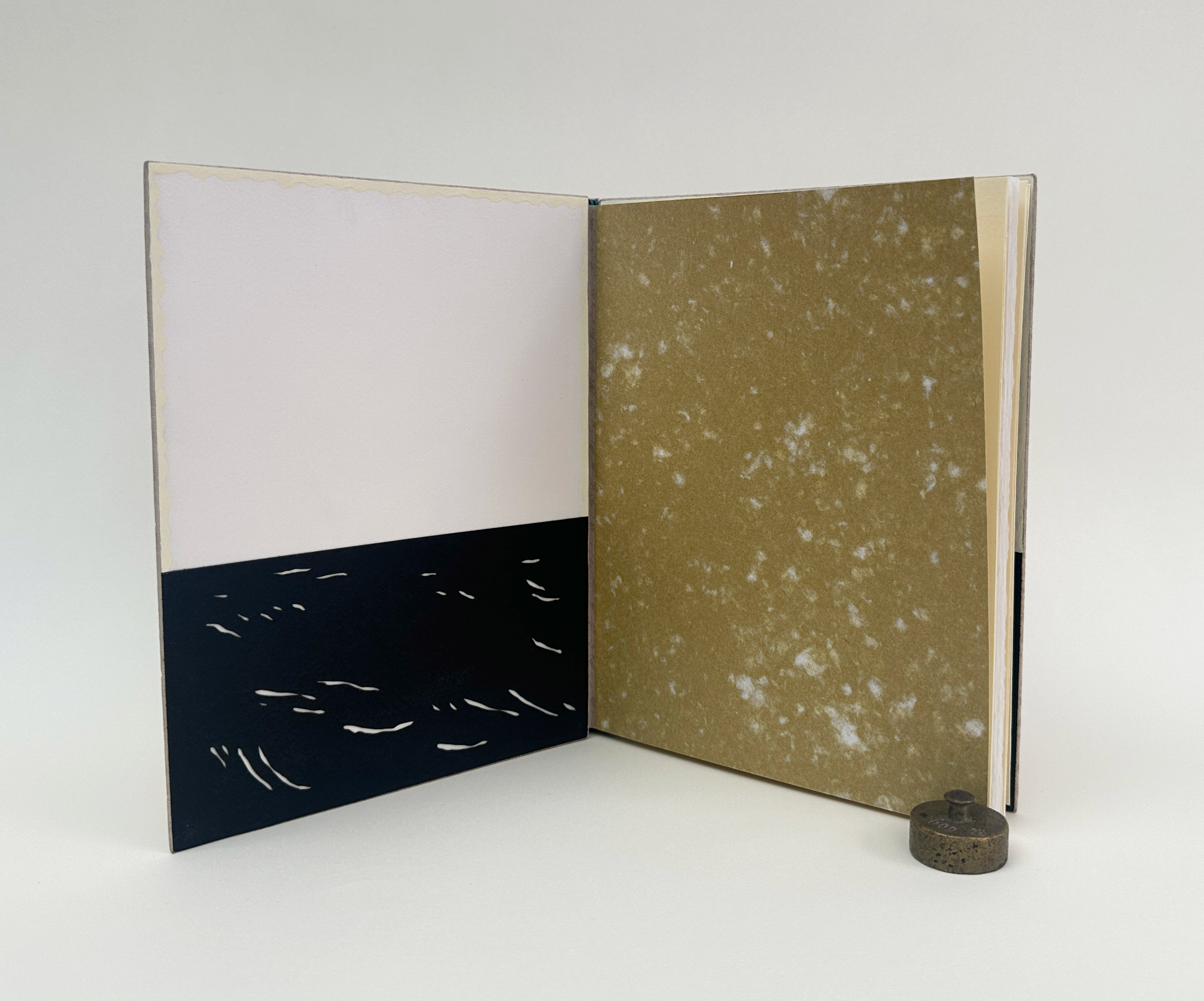 Front interior of An Idea of Geometry binding on a white table.