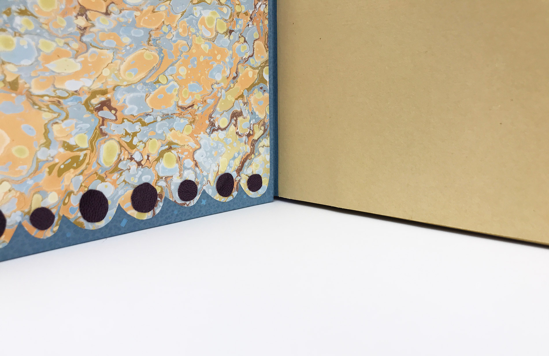Close-up of interior of Kew Gardens binding on a white table.