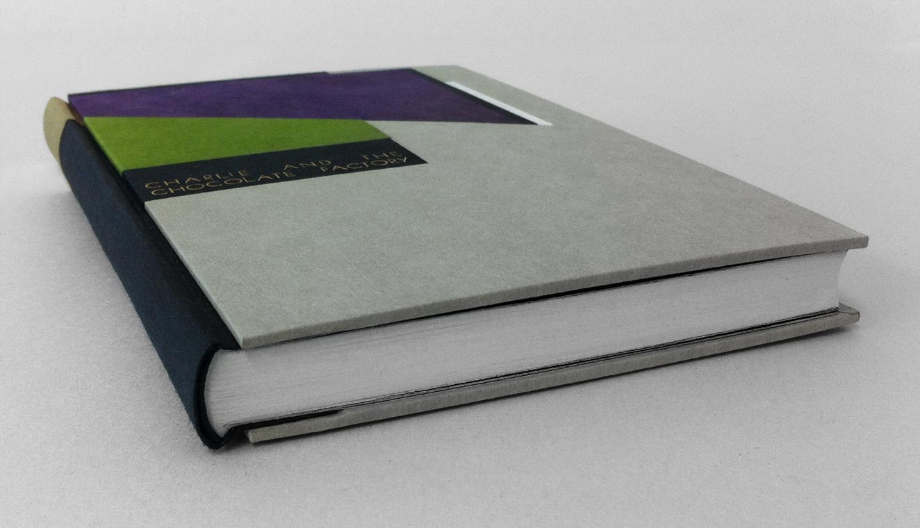 Edge of Charlie and the Chocolate Factory binding on a white table.