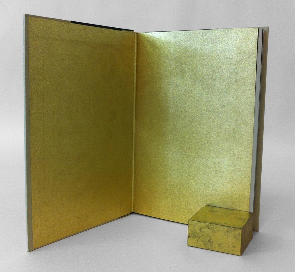 Interior of Charlie and the Chocolate Factory binding on a white table.