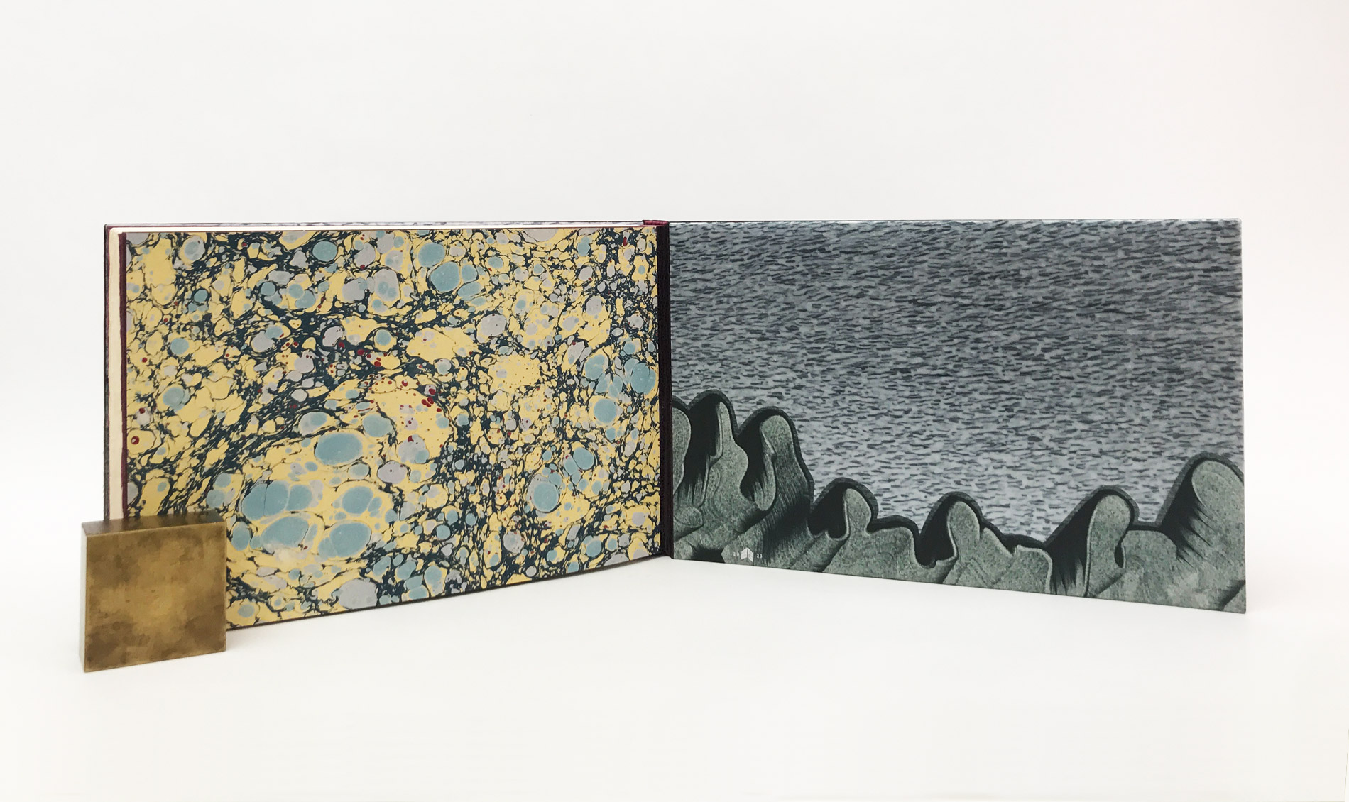 Interior of The Raven binding on a white table.