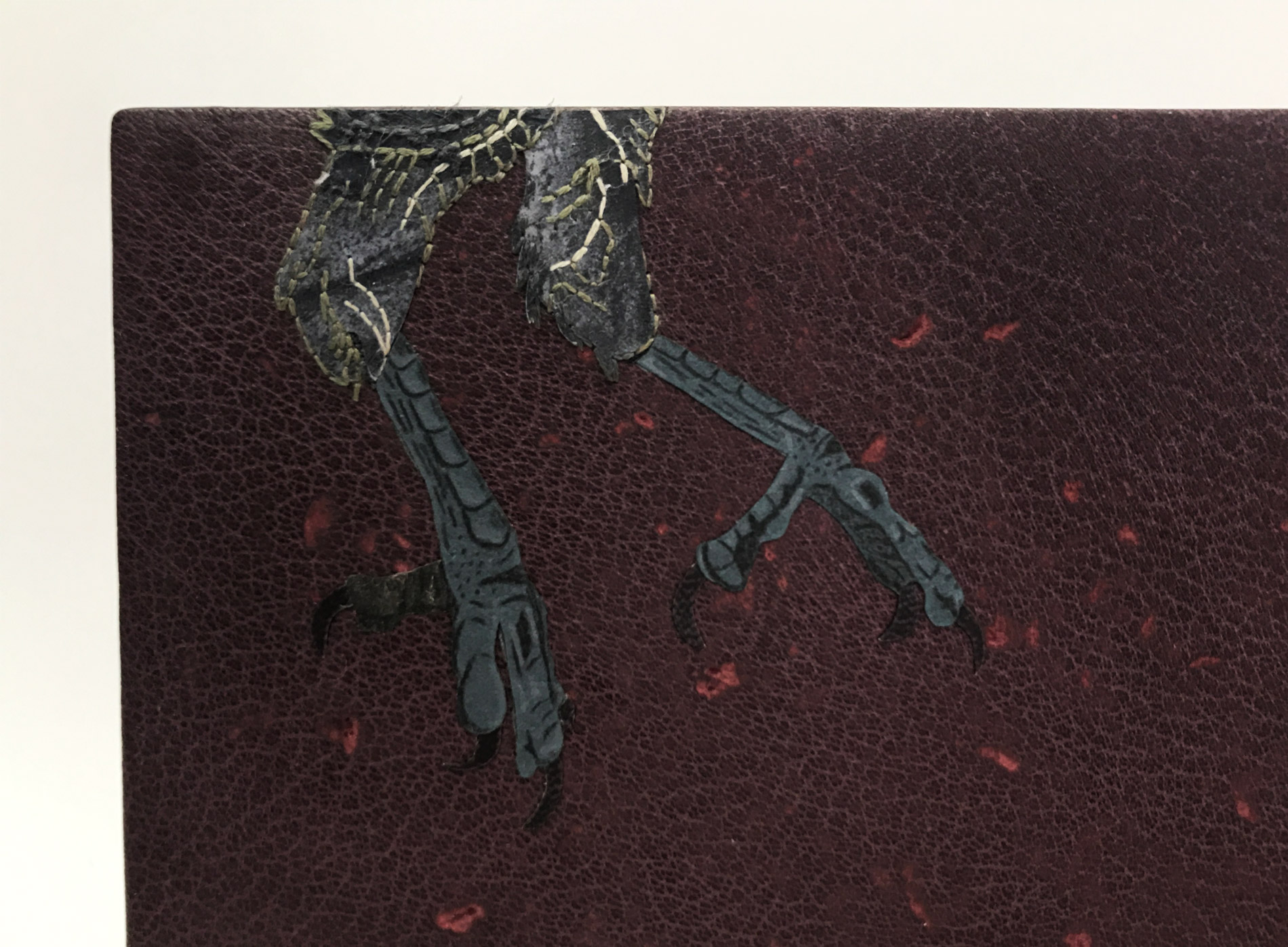 Close-up of back cover of The Raven binding on a white table.