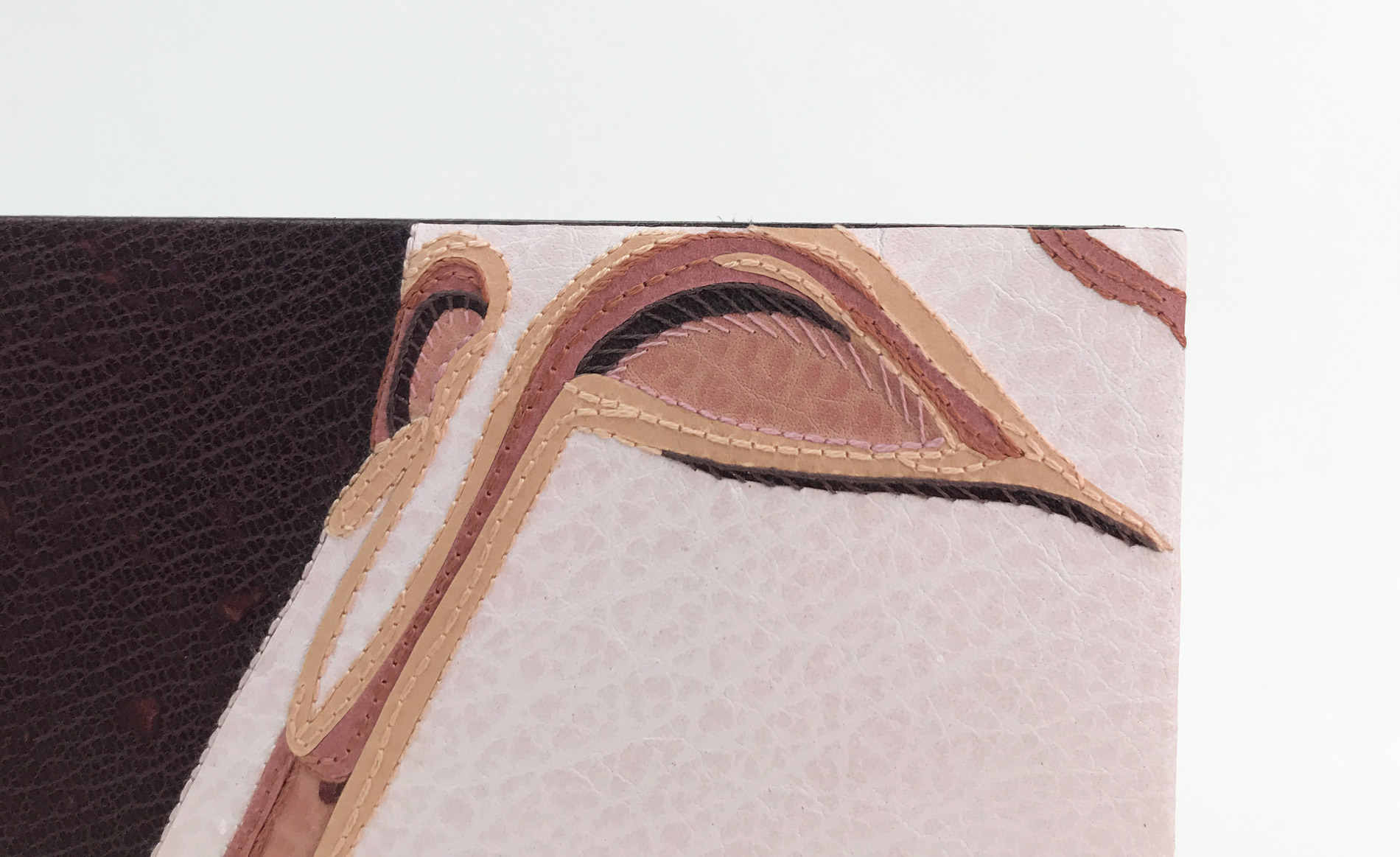 Close-up of front cover of The Raven binding on a white table.