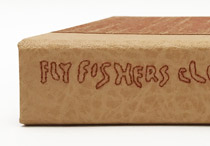 Close-up of clamshell box spine for Flyfishers Club of Brooklyn.