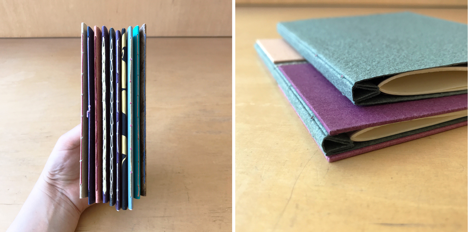 Hand holding a variety of Single Signature Bindings and a closeup of the binding structure.