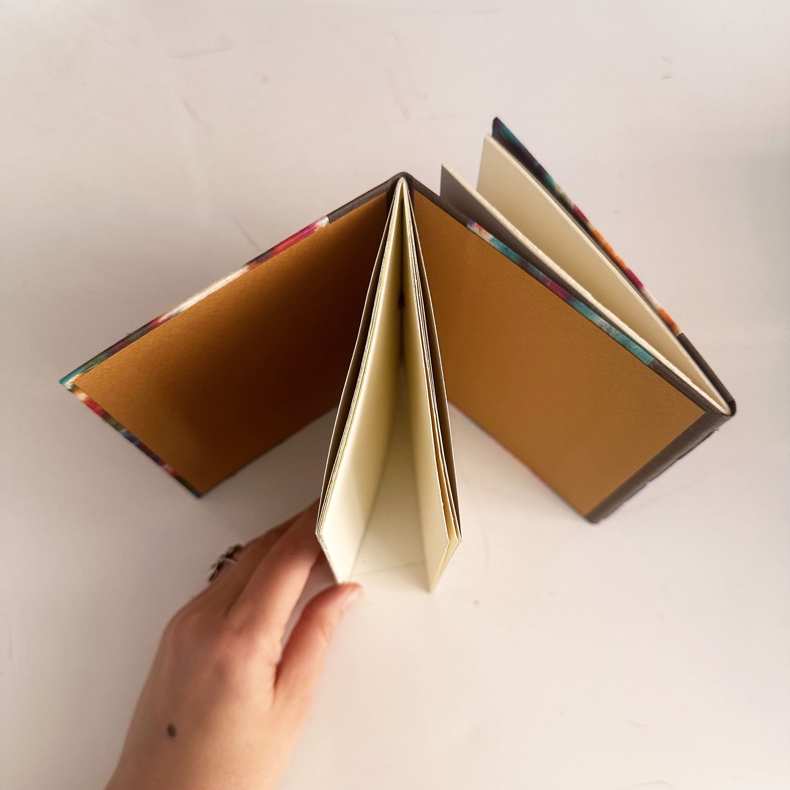 Top view of a variety of Dos-a-dos bindings on a white table.