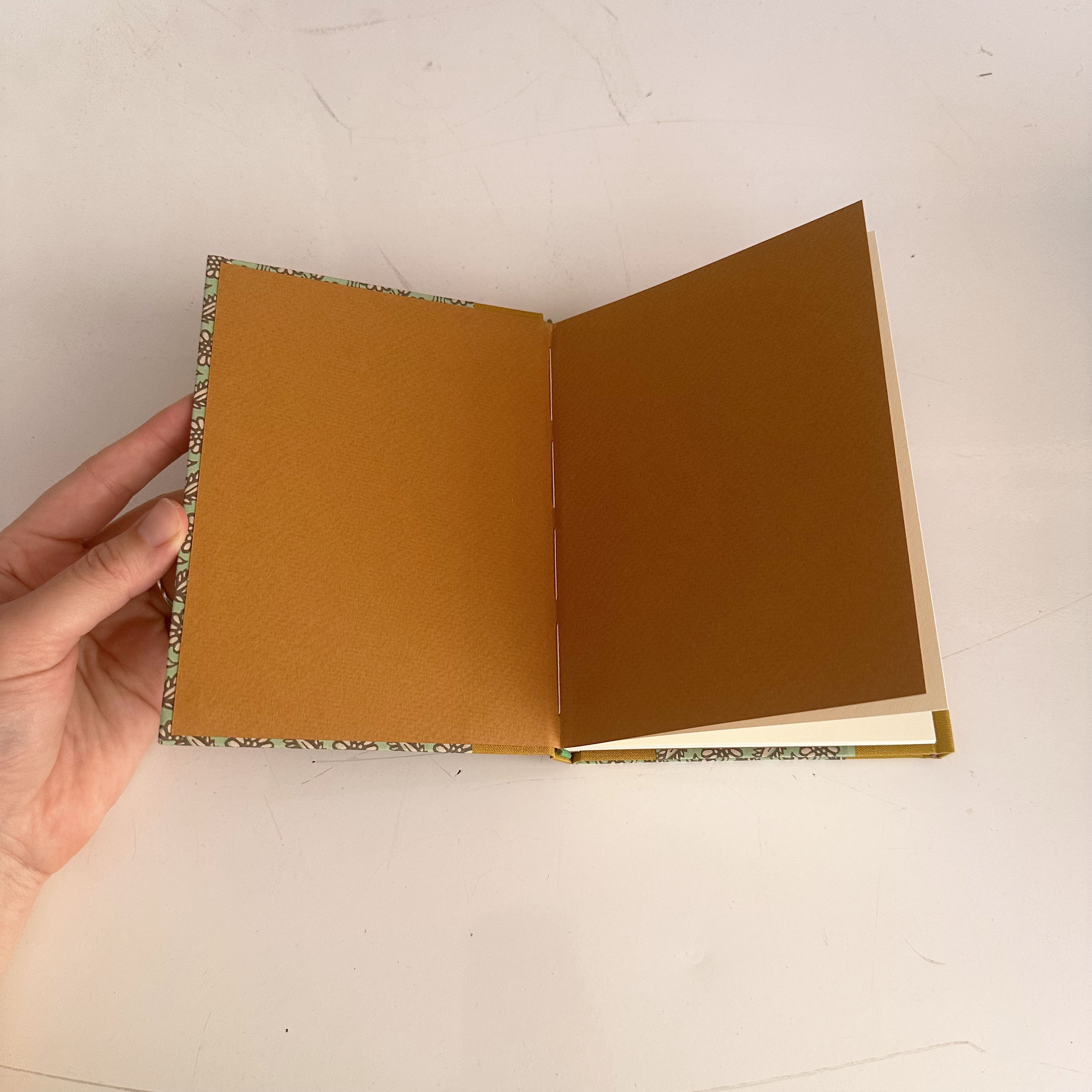 Dos-a-dos binding opened up on a white table.