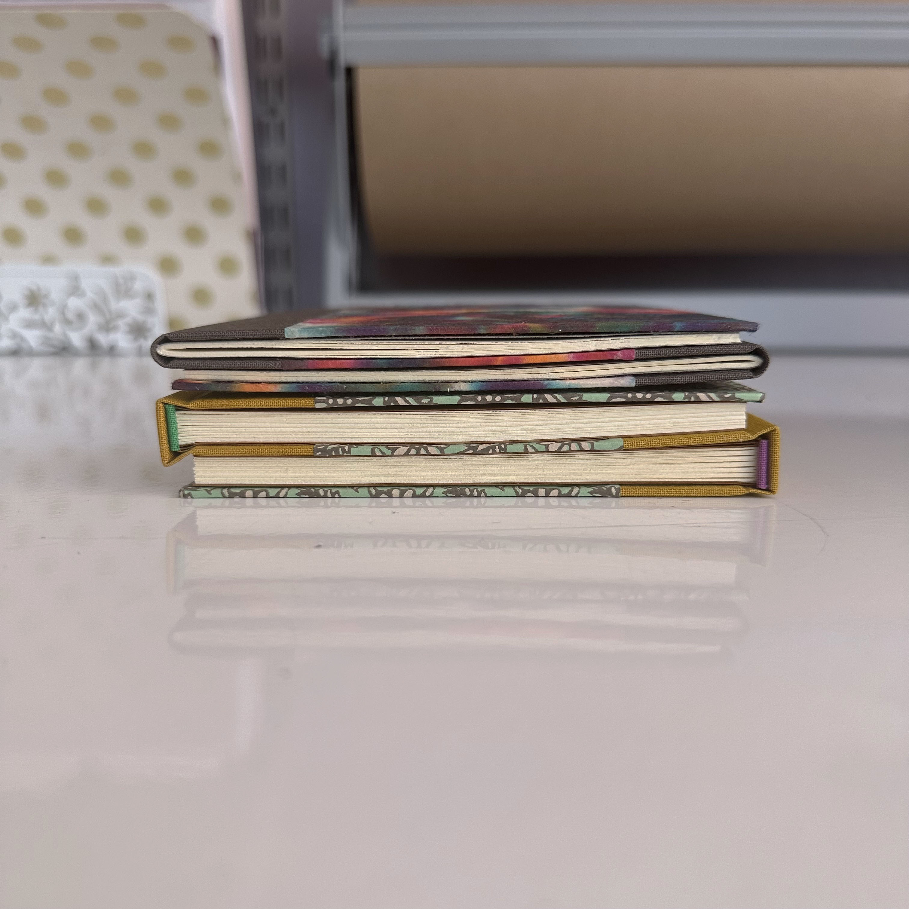 Side view of a variety of Dos-a-dos bindings on a white table.